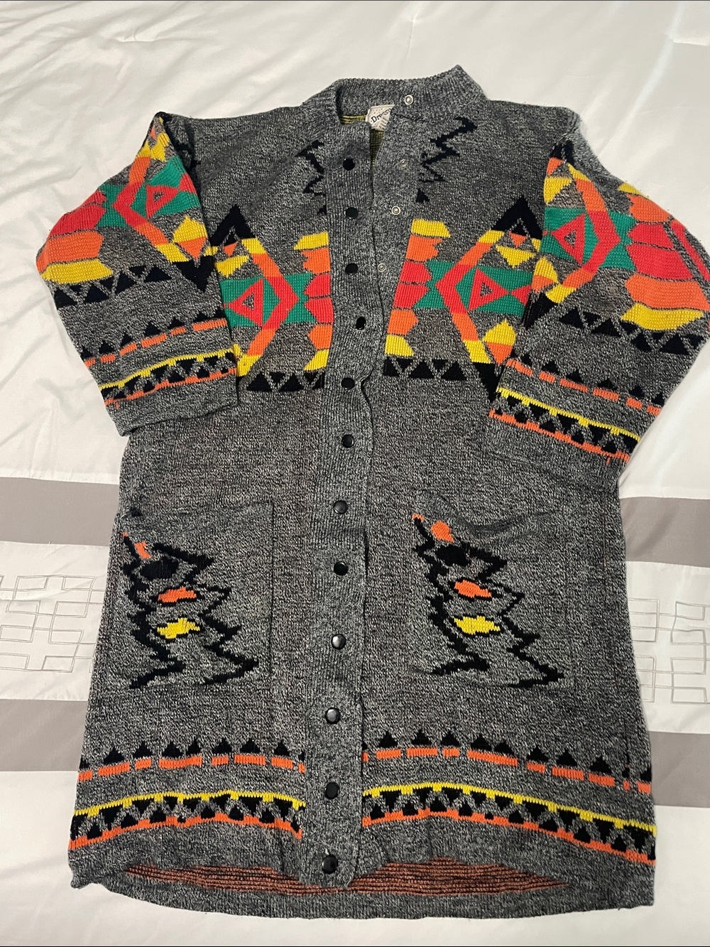 Gray Knit Button-Front Cardigan with Colorful Aztec Accents